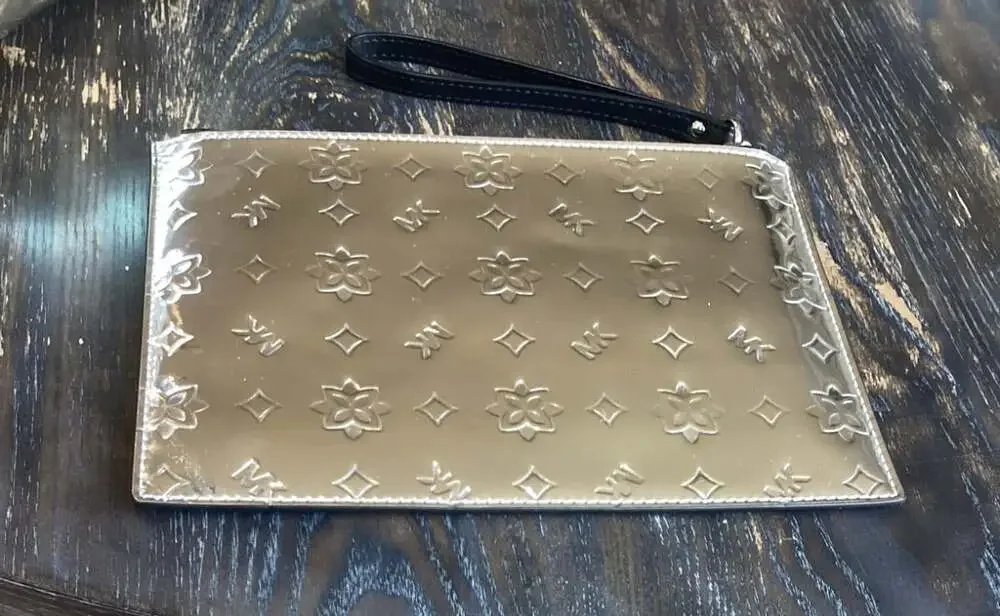 Michael Kors Ciara Zip Top Silver Mirror Embossed Tote with Matching Wristlet